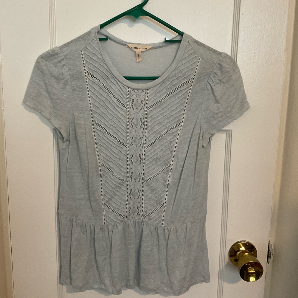 Rebecca Taylor Gray Cotton Embroidered Poplin Tee Size Small